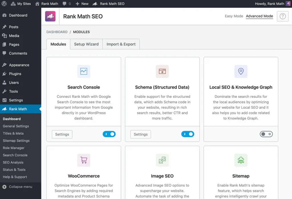 Dashboard plugin Rank Math SEO per ottimizzazione on-page WordPress