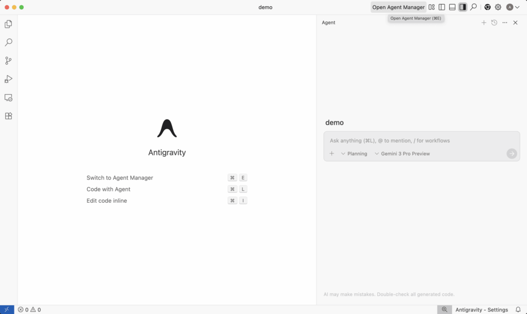 Demo Google Antigravity agente AI genera codice React